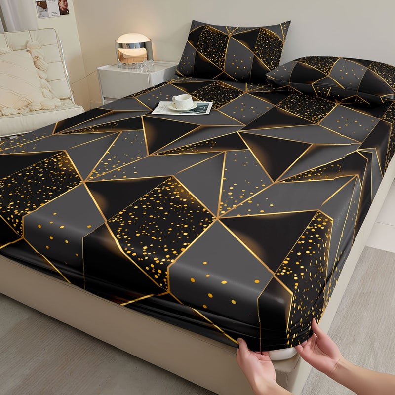Dark Gray Geometry Fitted Sheet Set 3 Pieces With 2 Pillowcases For Double Sized Bed Skin Friendly Breathable Bed Cover - Image 1