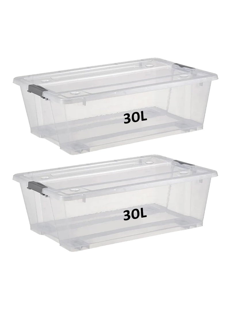 Premify - Premify 30L Storage Box With Lid & Wheels | Slim Under Bed Plastic Organizer – 2pcs Stackable Transparent Boxes Storing Clothes, Toys, Shoes, Tools, Medicine, Office Supplies, Arts & Crafts, Kitchen - Image 1