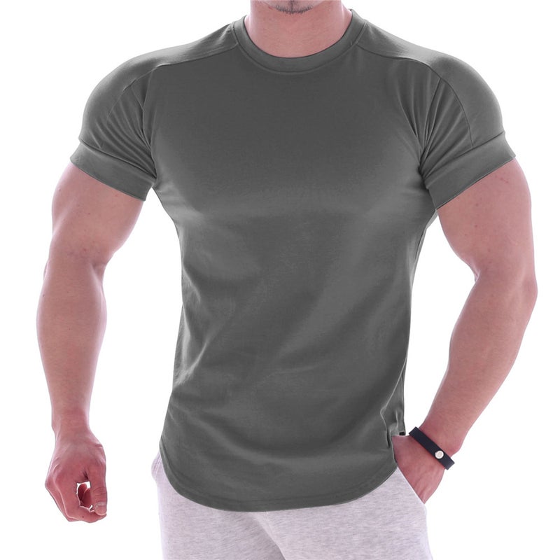 Mens Fitness Brand Compression Tee Quick-Dry Summer Round Neck Basketball Training Shirt Short Sleeve Dark gray 
