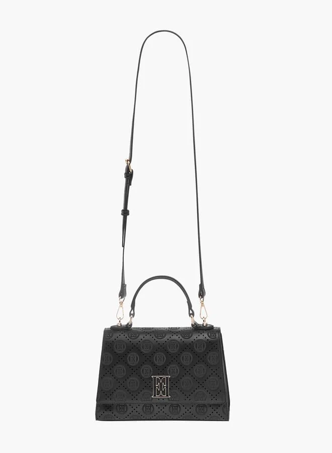 ELLE Monogram Embroidered Satchel Bag with Detachable Strap and Flap Closure
