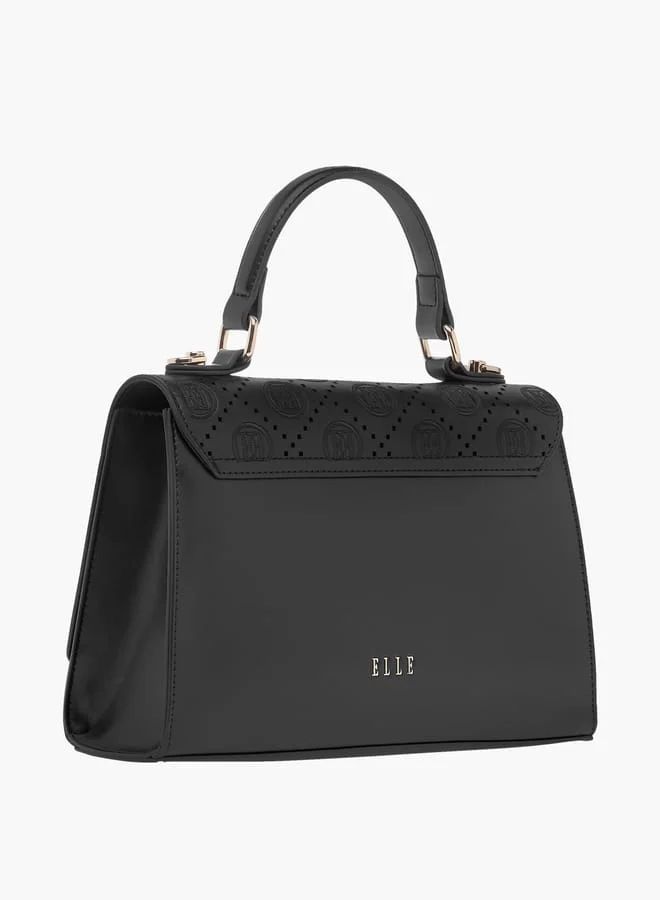 ELLE Monogram Embroidered Satchel Bag with Detachable Strap and Flap Closure