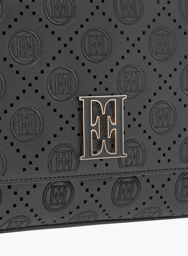 ELLE Monogram Embroidered Satchel Bag with Detachable Strap and Flap Closure