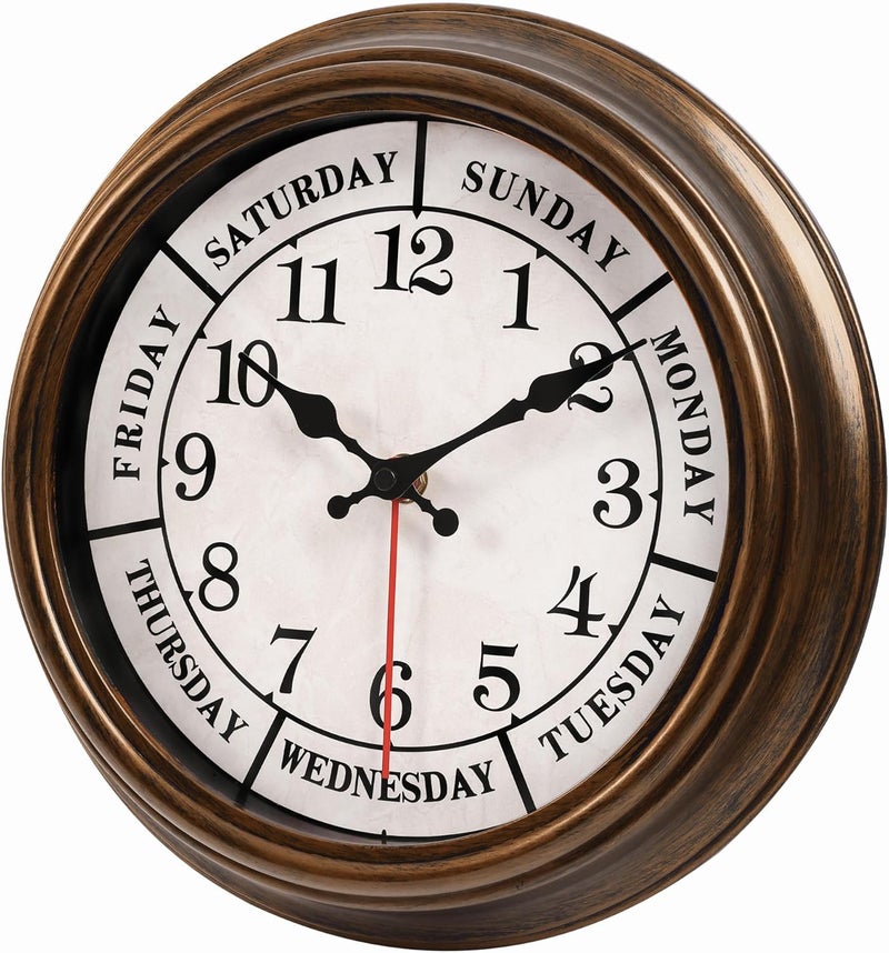 45MinST 12 Inches Retro Wall Clock,Day of The Week Wall Clock,Calendar Day Clock,Silent Non Ticking Battery Operated Movement(Bronze) - Image 2