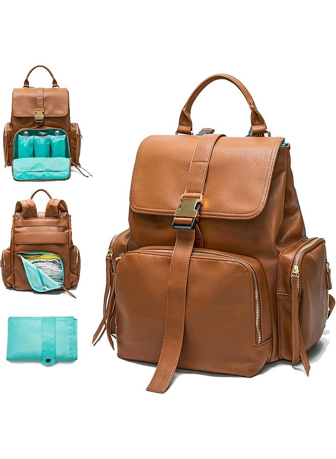 MOMINSIDE حقيبة ظهر حفاضات MOMINSIDE مع 14 جيب، حقيبة جلدية للأطفال، سعة كبيرة، سجل الأطفال، 4 جيوب معزولة، حقيبة رطبة وجافة، وسادة تغيير، أحزمة عربة (بني) - Image 1