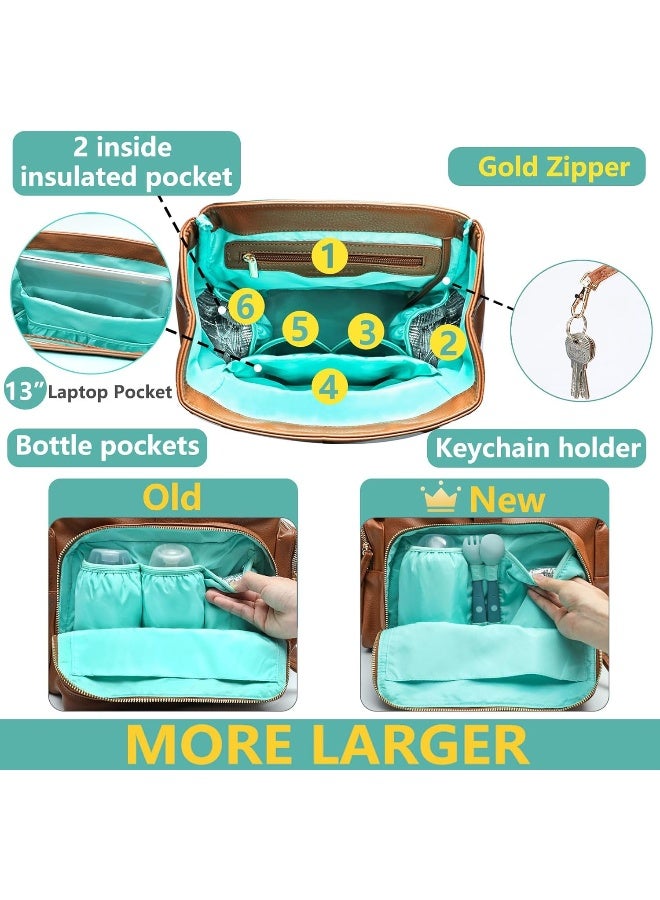 MOMINSIDE حقيبة ظهر حفاضات MOMINSIDE مع 14 جيب، حقيبة جلدية للأطفال، سعة كبيرة، سجل الأطفال، 4 جيوب معزولة، حقيبة رطبة وجافة، وسادة تغيير، أحزمة عربة (بني) - Image 3