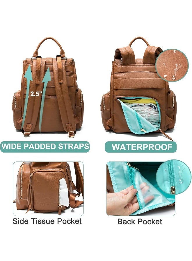 MOMINSIDE حقيبة ظهر حفاضات MOMINSIDE مع 14 جيب، حقيبة جلدية للأطفال، سعة كبيرة، سجل الأطفال، 4 جيوب معزولة، حقيبة رطبة وجافة، وسادة تغيير، أحزمة عربة (بني) - Image 4