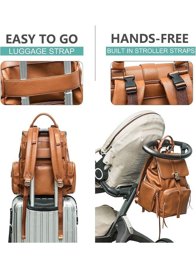 MOMINSIDE حقيبة ظهر حفاضات MOMINSIDE مع 14 جيب، حقيبة جلدية للأطفال، سعة كبيرة، سجل الأطفال، 4 جيوب معزولة، حقيبة رطبة وجافة، وسادة تغيير، أحزمة عربة (بني) - Image 5