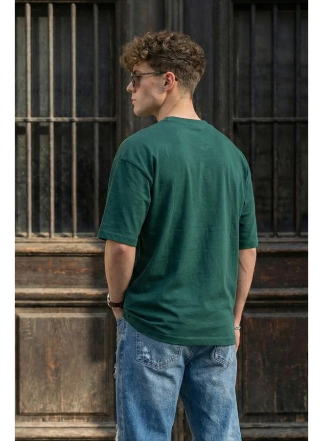 فيردو Veirdo® Oversized Baggy Fit Drop Shoulder Half Sleeves Round Neck Solid Pure 100% Cotton T-Shirt for Men (OS_100_GREEN117_M)