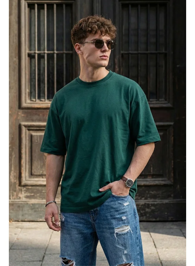 فيردو Veirdo® Oversized Baggy Fit Drop Shoulder Half Sleeves Round Neck Solid Pure 100% Cotton T-Shirt for Men (OS_100_GREEN117_M)