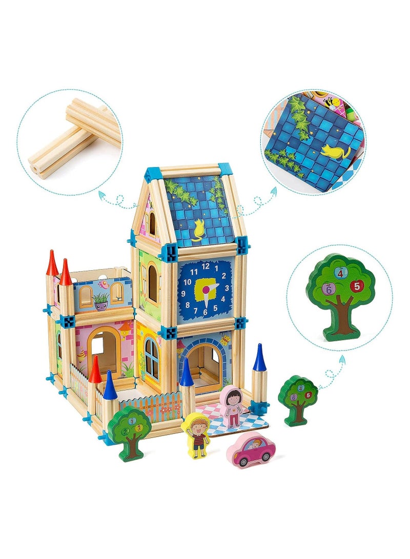 Wooden Construction Bricks, Building Blocks Set，Variety of Shapes House Model Game Castle and Farm Building Set, Castle Construction Blocks for Boys and Girls Birthday Party Favors (128PCS) - Image 2