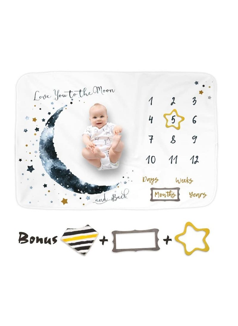 SYOSI - Baby Monthly Milestone Blanket Boy- 150 x 100 cm - Blue Moon Themed Month Mat for Boys - First Year Calendar Growth Chart - Shower Gifts for New Moms, Monthly Blanket for Baby Pictures - Image 1