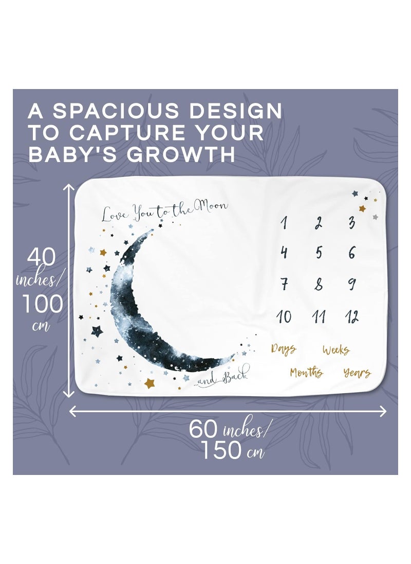 SYOSI - Baby Monthly Milestone Blanket Boy- 150 x 100 cm - Blue Moon Themed Month Mat for Boys - First Year Calendar Growth Chart - Shower Gifts for New Moms, Monthly Blanket for Baby Pictures - Image 1