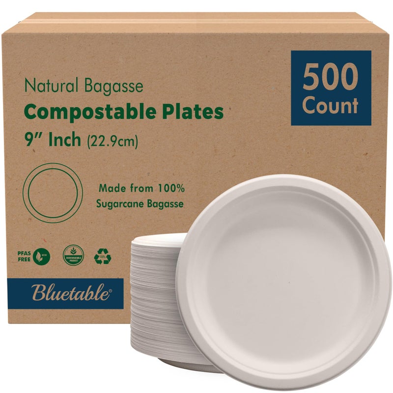 Compostable Paper Plates 9 Inch Bulk Plates 500 Case Pack  Biodegradable Made from 100 Sugarcane  Heavy Duty Disposable  Eco Friendly  Bagasse Dinner Plates Natural Recycled Plate 500 Case