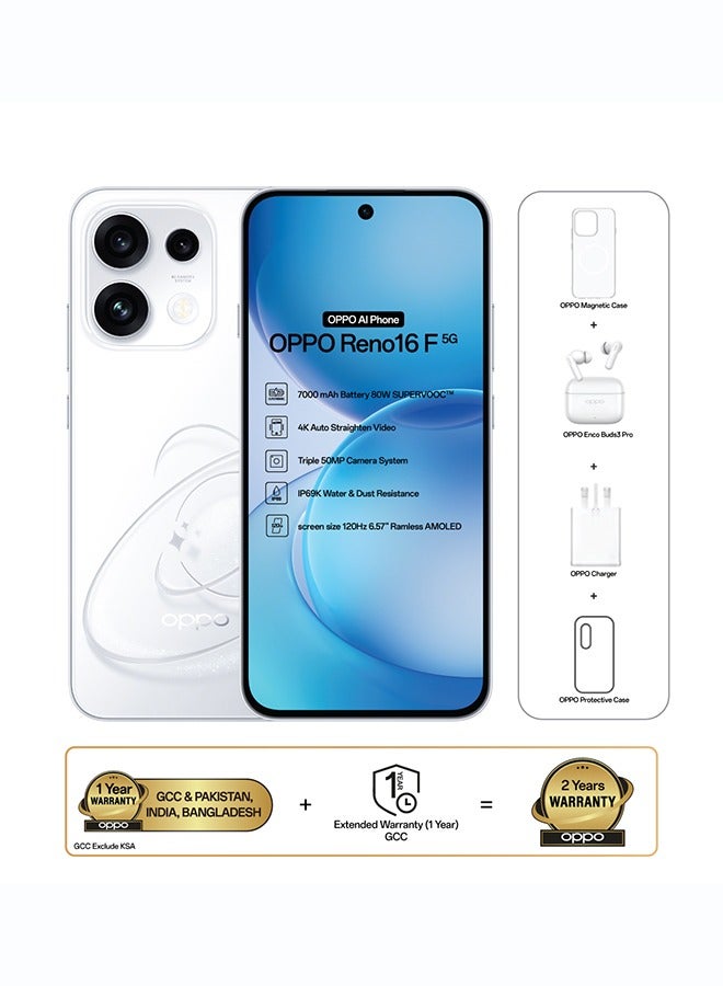 OPPO Reno16 F AI Phone Dual SIM 5G Pop White 12GB RAM 256GB With OPPO Enco Buds3 Pro + OPPO Magnetic Case - Middle East Version - Image 1