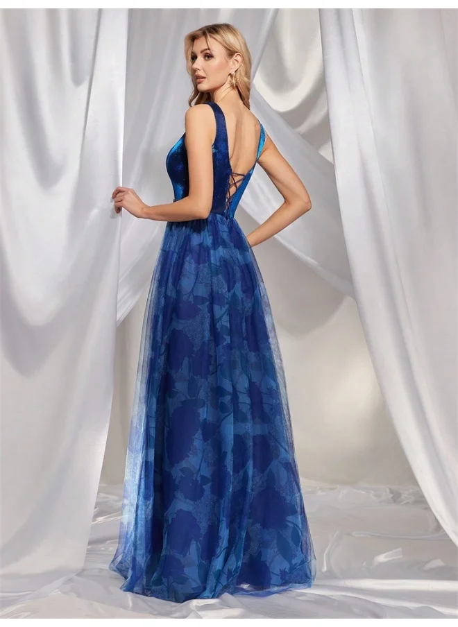 Madam Uniq Deep V Floral Print Patchwork Evening Dress