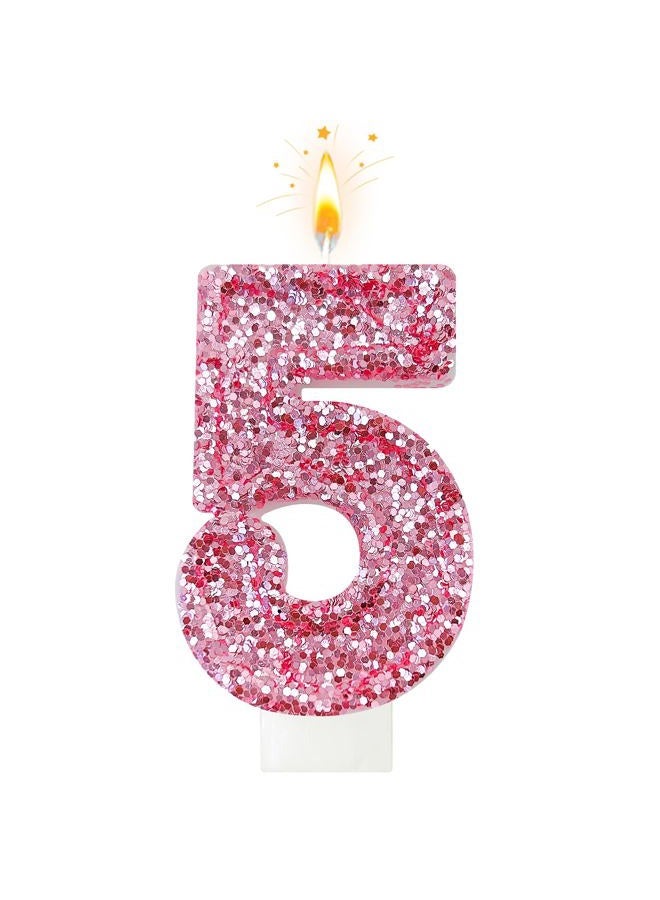 Zailo Birthday Number Candles, Glitter Number Candle Cake Decorations with Sequins, Cupcake Decorations for Girls, Women, Party Anniversary Celebrations (Number 5, Pink) - Image 1
