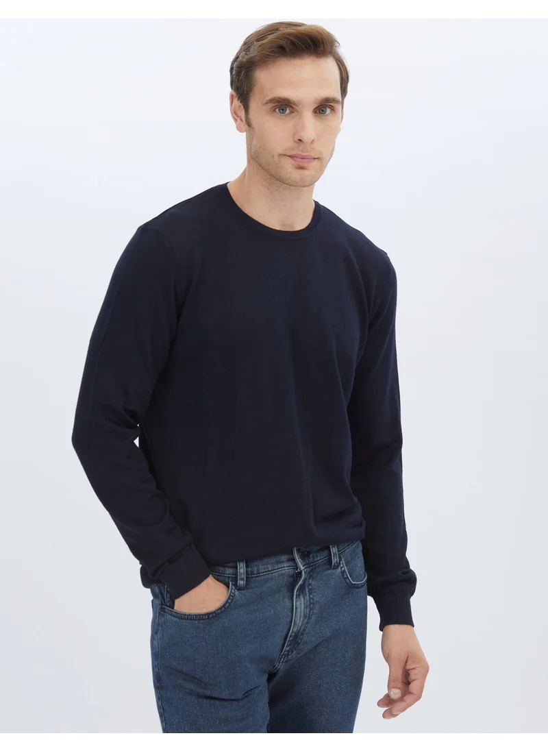 Kip Navy Blue Crew Neck Plain Knit Wool Blend Sweater