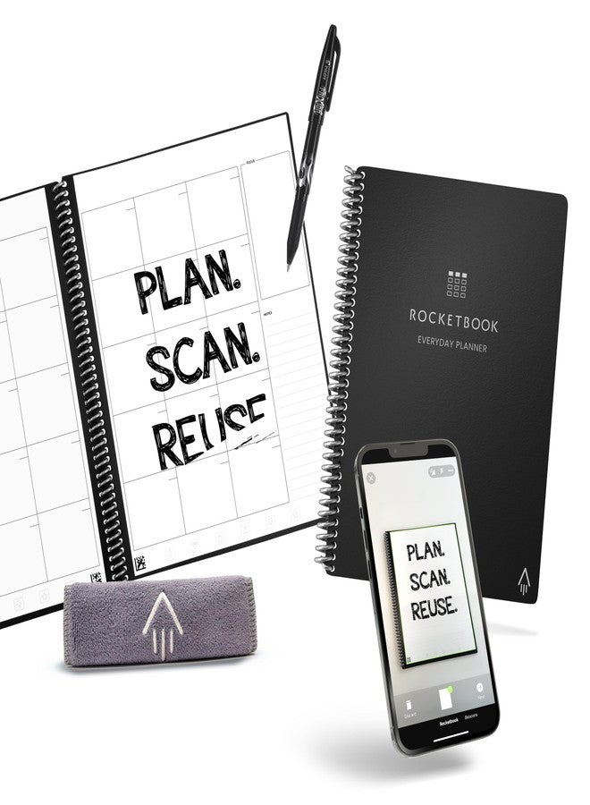 Rocketbook Reusable Everyday Planner - Daily, Weekly, Monthly with Pilot Fixion Pen and Microfiber Cloth Included Black Cover, Executive Size - Image 1