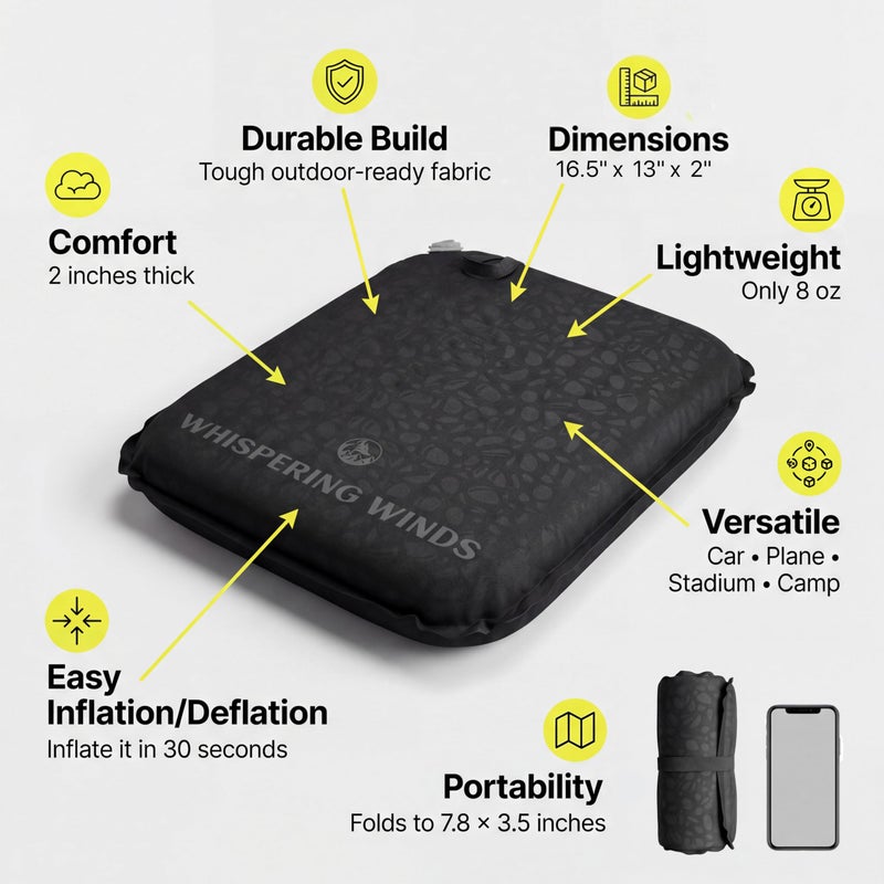 Whispering Winds Inflatable Seat Cushion - Comfortable Blow-up Foam Pad for Airplane, Travel, Stadium, Outdoors, Camping, Car & More - Image 3