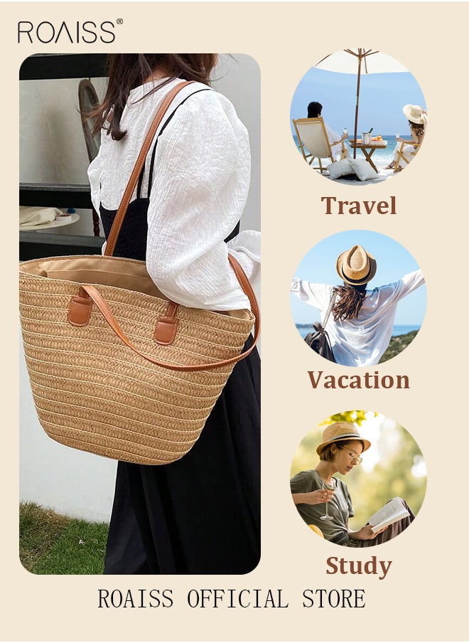 roaiss Women Straw Woven Shoulder Bag Summer Beach Travel Crossbody Handbag Classics Satchel Purse Woven Handbags Women Straw Tote Bag with Zip Woven Basket Bags  - Image 1
