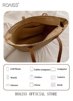 roaiss Women Straw Woven Shoulder Bag Summer Beach Travel Crossbody Handbag Classics Satchel Purse Woven Handbags Women Straw Tote Bag with Zip Woven Basket Bags  - Image 5
