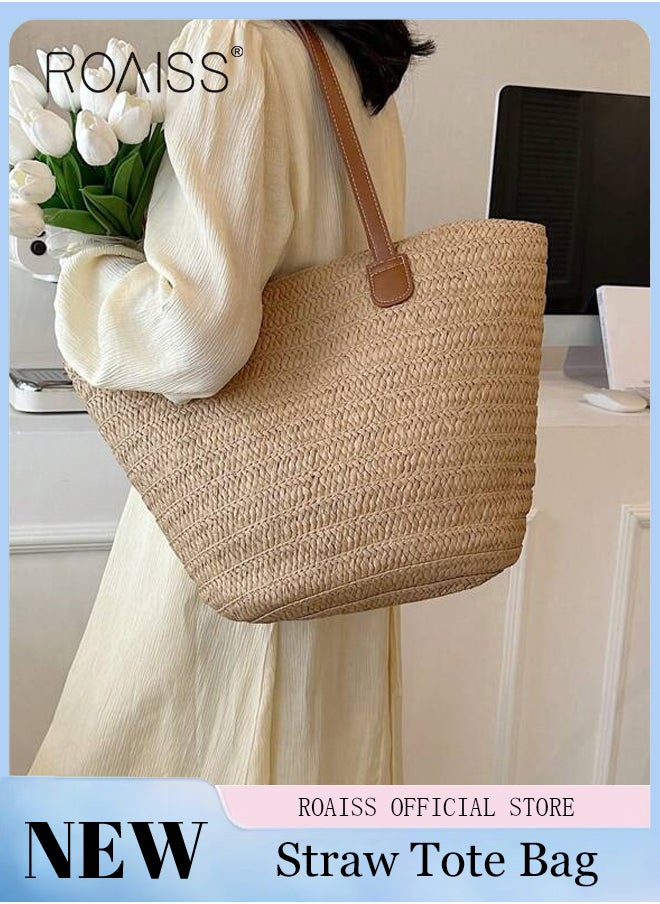 roaiss Women Straw Woven Shoulder Bag Summer Beach Travel Crossbody Handbag Classics Satchel Purse Woven Handbags Women Straw Tote Bag with Zip Woven Basket Bags  - Image 3