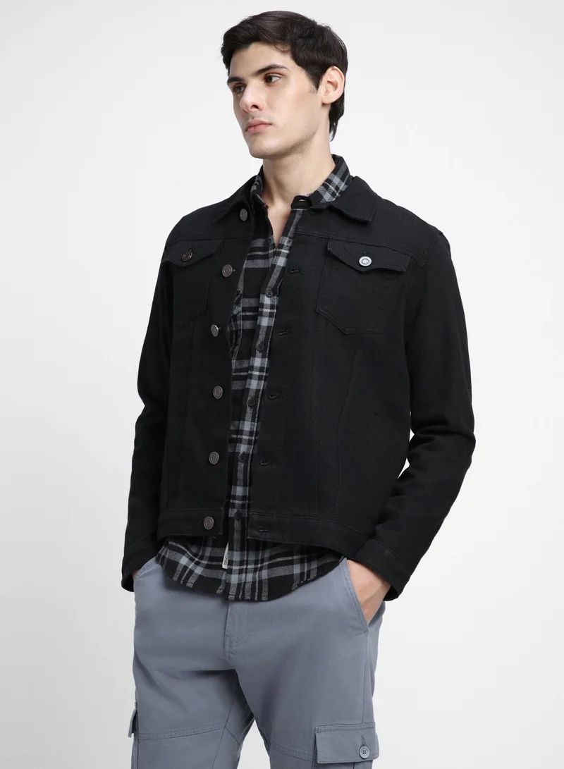 دينيس لينغو Regular Fit Black Men's Denim Jacket, Full Sleeves, Spread Collar, Casual, Button Closure,