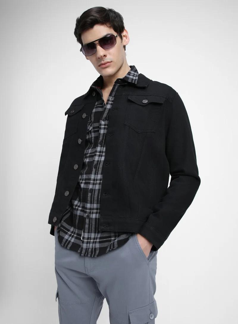 دينيس لينغو Regular Fit Black Men's Denim Jacket, Full Sleeves, Spread Collar, Casual, Button Closure,