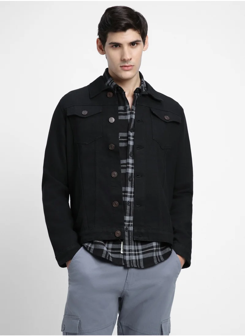 دينيس لينغو Regular Fit Black Men's Denim Jacket, Full Sleeves, Spread Collar, Casual, Button Closure