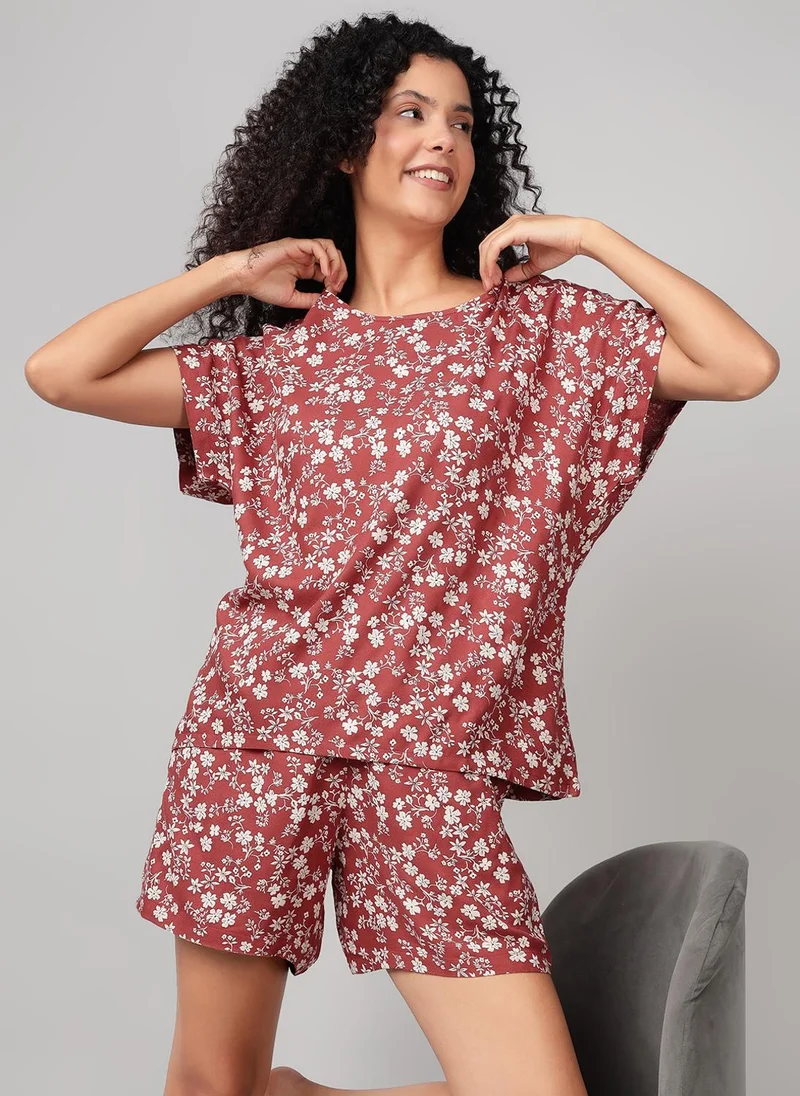 كلوفيا Clovia Floral Print Top & Shorts Set in Brown - Crepe