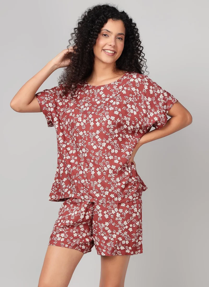 كلوفيا Clovia Floral Print Top & Shorts Set in Brown - Crepe