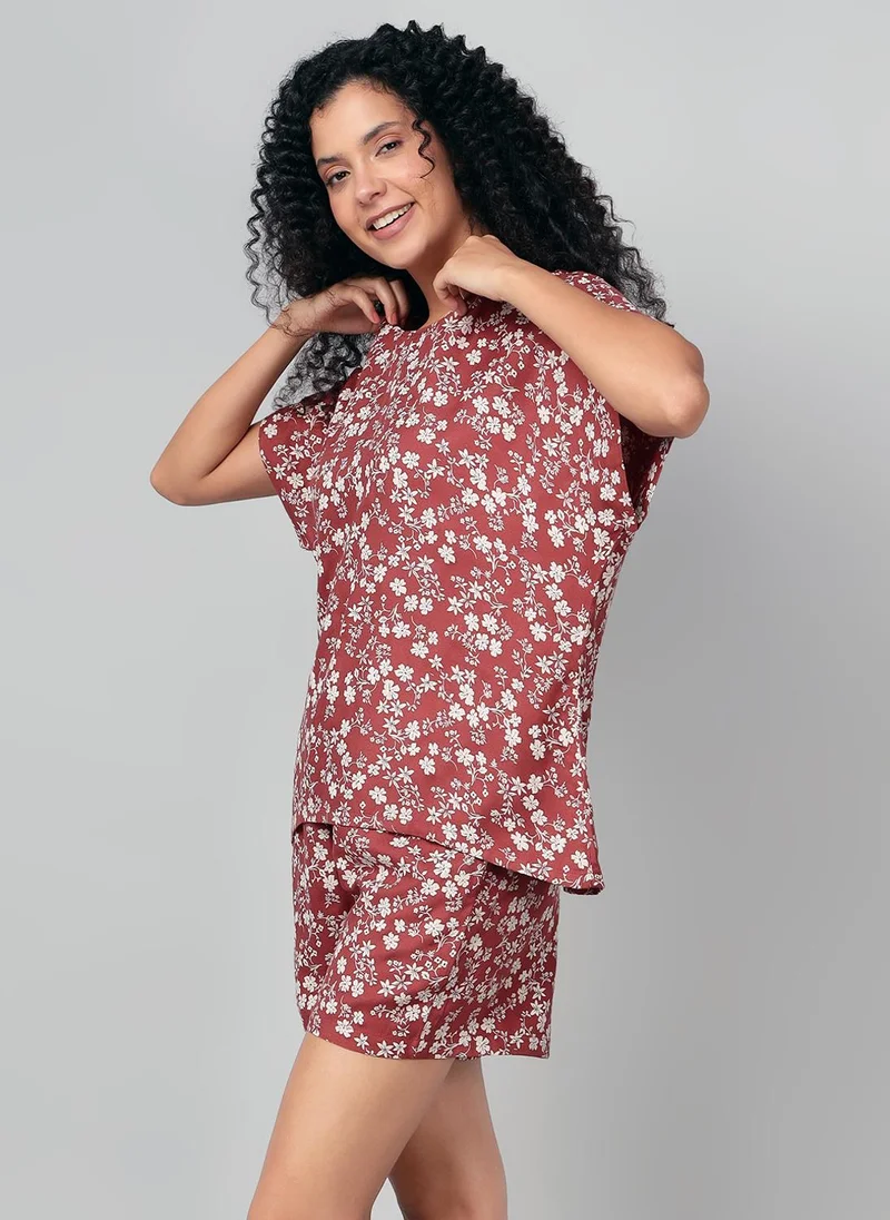 كلوفيا Clovia Floral Print Top & Shorts Set in Brown - Crepe