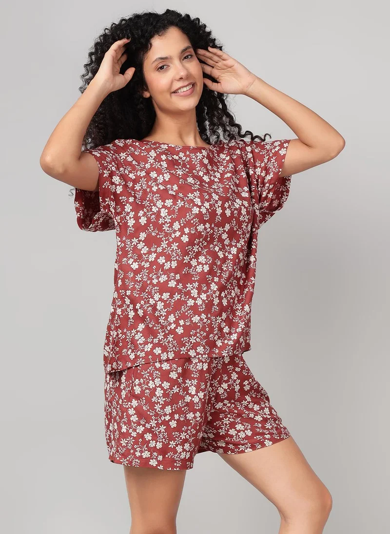 كلوفيا Clovia Floral Print Top & Shorts Set in Brown - Crepe