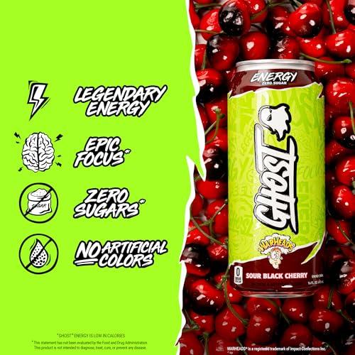 GHOST Energy Drink - 12-Pack, Warheads Sour Black Cherry, 16oz - Energy & Focus & No Artificial Colors - 200mg of Natural Caffeine, L-Carnitine & Taurine - Gluten-Free & Vegan - Image 4