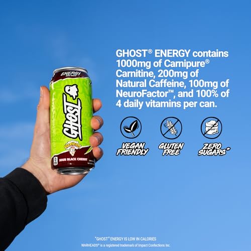 GHOST Energy Drink - 12-Pack, Warheads Sour Black Cherry, 16oz - Energy & Focus & No Artificial Colors - 200mg of Natural Caffeine, L-Carnitine & Taurine - Gluten-Free & Vegan - Image 5