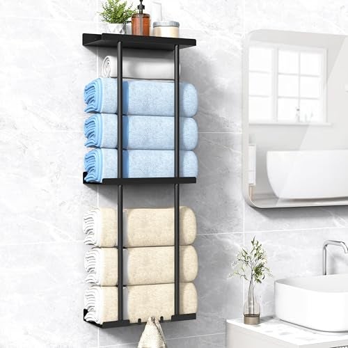 Liuoud Towel Rack for Bathroom Wall Mounted Vertical Rolled Towel Storage Organizer Holder with Shelf Holds Up 6 Large Bath Sheets Black Large Size - Image 1