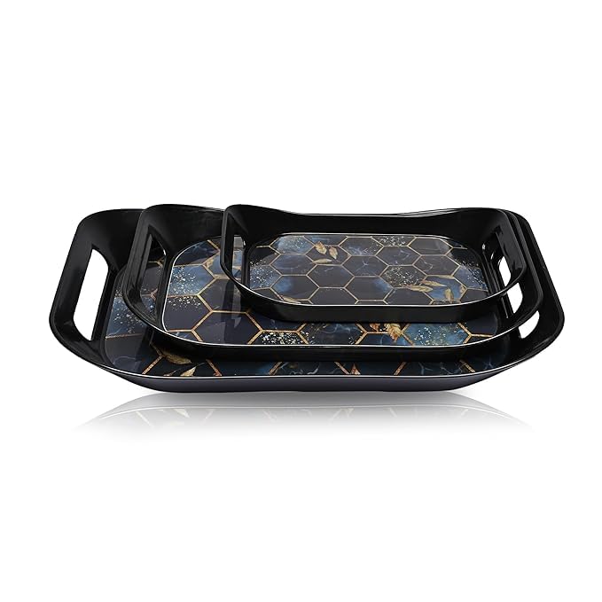 ViVed Tray Set Pack Serving Tray Set of 3 Multi Colour Bricks Design Plastic Material Glossy Finish BPA Free Trays for Kitchen and Office and Home Decor (Black, Set of 3) - Image 3