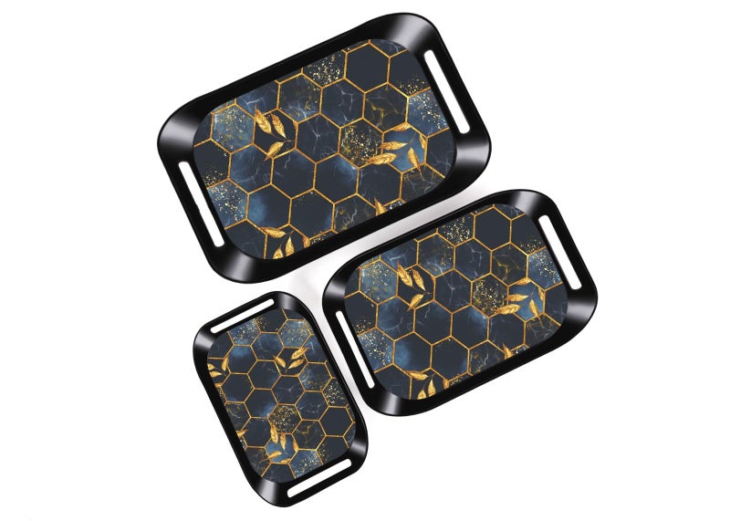 ViVed Tray Set Pack Serving Tray Set of 3 Multi Colour Bricks Design Plastic Material Glossy Finish BPA Free Trays for Kitchen and Office and Home Decor (Black, Set of 3) - Image 1