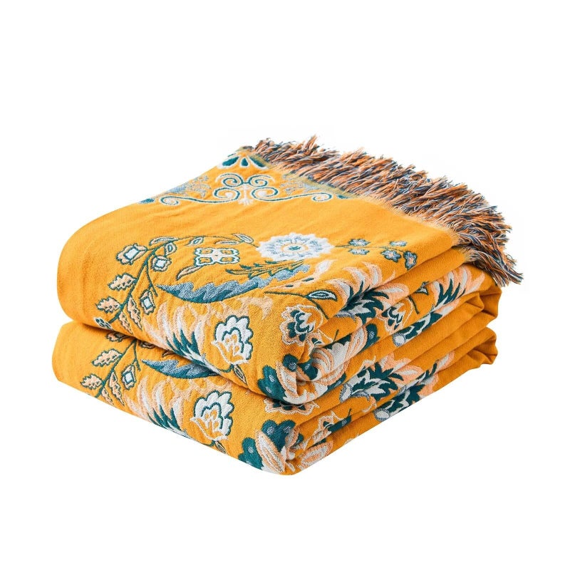 XIBLC Boho Throw Blanket 100 Cotton Ultra Soft Luxury Throw Rustic Quilt Floral Printed Farmhouse Decor Bed Summer Blankets All Season Rustic Reversible Bohemian Throw for Bed 60x80 Yellow - Image 2