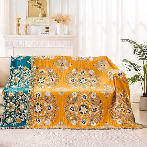 XIBLC Boho Throw Blanket 100 Cotton Ultra Soft Luxury Throw Rustic Quilt Floral Printed Farmhouse Decor Bed Summer Blankets All Season Rustic Reversible Bohemian Throw for Bed 60x80 Yellow - Image 3