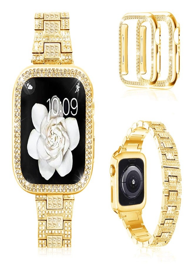 Mosonio Compatible with Apple Watch Band 44mm with Case Women, Bling Metal Wristband Strap with 2 Pack Bling PC Protective Cover for iWatch SE Series 6/5/4(44mm, Gold) - Image 1