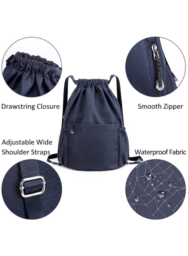 YelaJoy Drawstring Backpack Sports Yoga Sackpack for Women Men Waterproof Nylon Gym Sack DayPack with Multi Pockets (navy) - Image 4