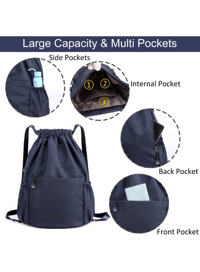 YelaJoy Drawstring Backpack Sports Yoga Sackpack for Women Men Waterproof Nylon Gym Sack DayPack with Multi Pockets (navy) - Image 3