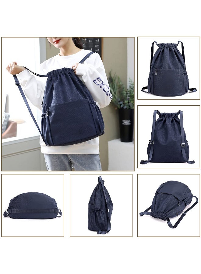 YelaJoy Drawstring Backpack Sports Yoga Sackpack for Women Men Waterproof Nylon Gym Sack DayPack with Multi Pockets (navy) - Image 5