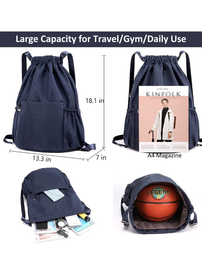 YelaJoy Drawstring Backpack Sports Yoga Sackpack for Women Men Waterproof Nylon Gym Sack DayPack with Multi Pockets (navy) - Image 2