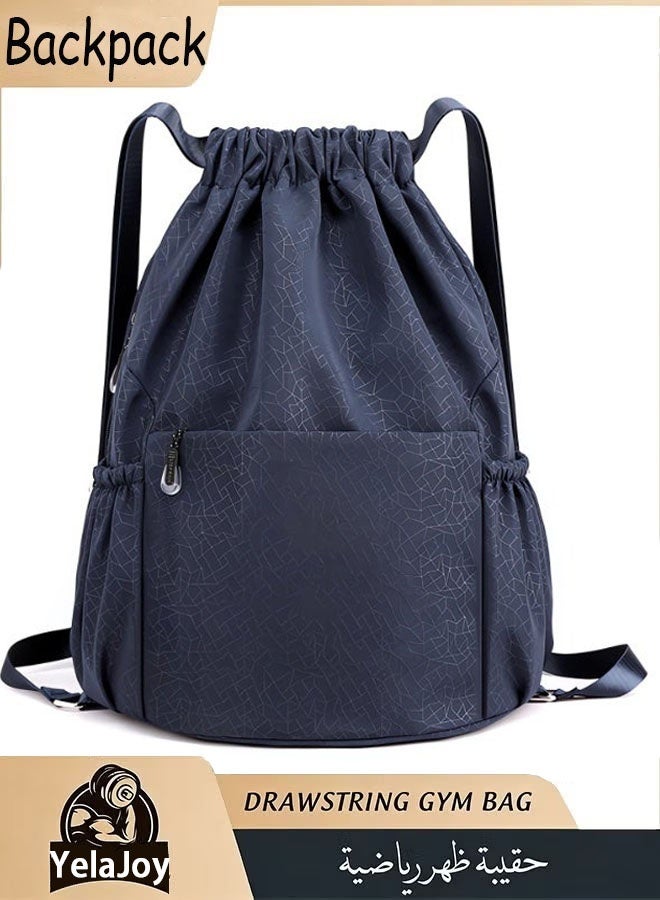 YelaJoy Drawstring Backpack Sports Yoga Sackpack for Women Men Waterproof Nylon Gym Sack DayPack with Multi Pockets (navy) - Image 1