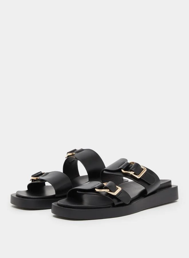 Styli Styli Double Band Slip on Sandals with Buckle Detail