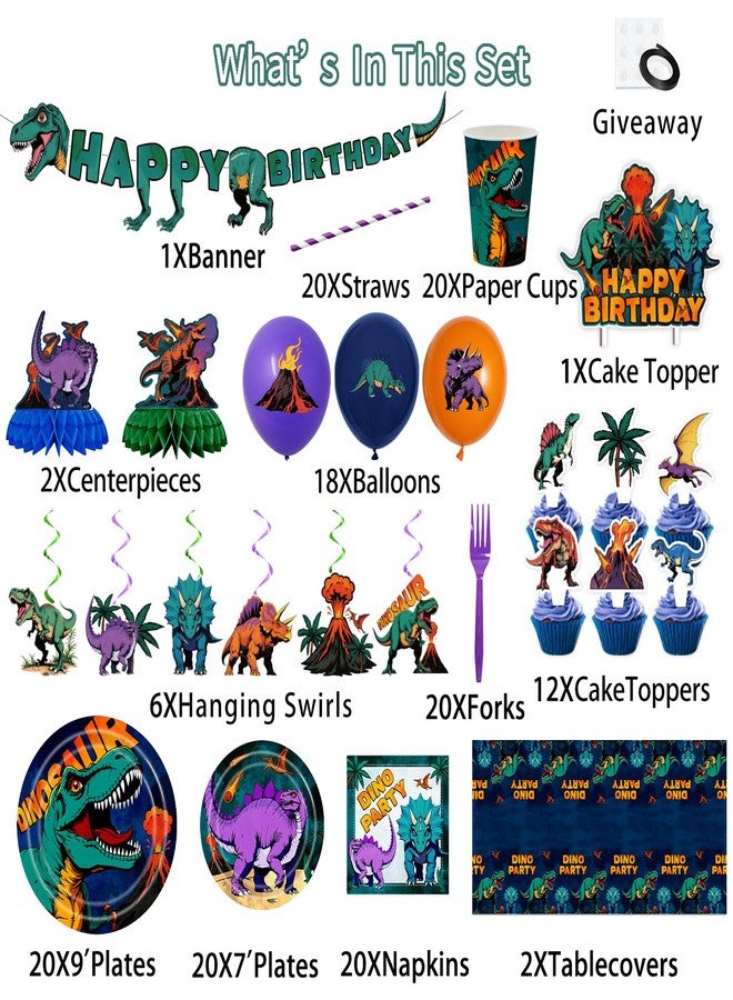 ANTFULCNl 185PCS Dinosaur Birthday Party Decorations, Dinosaur Party Supplies Plates and Napkins Set, Dino Tableware, Banner, Hanging Swirls, Tablecloth, Cake Cupcake Topper, Ballons Cutlery Sets - Image 2