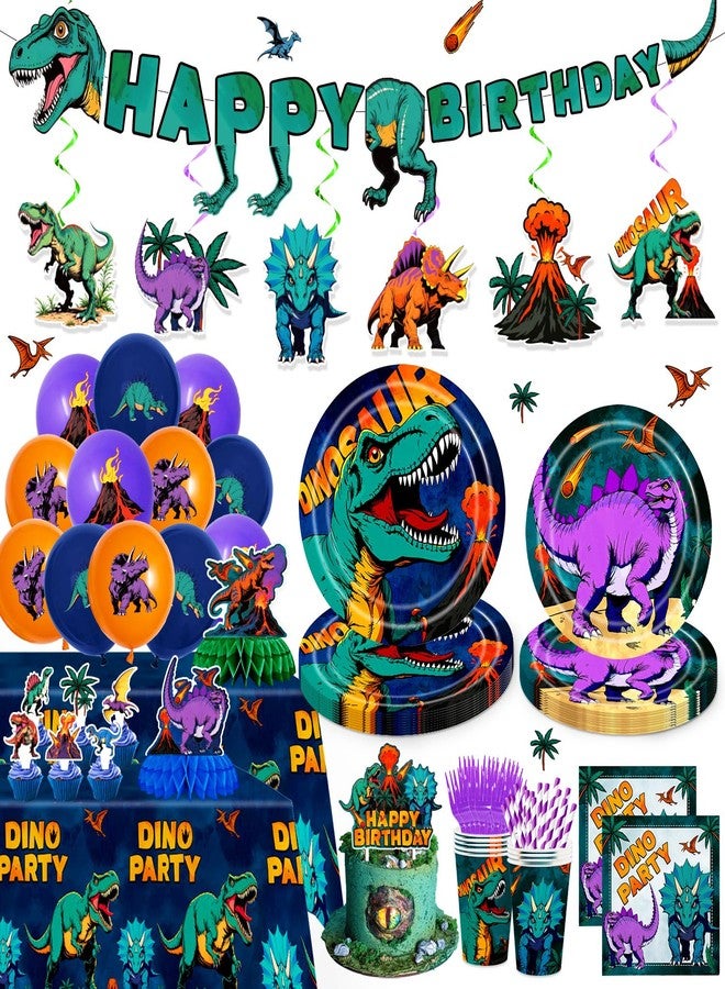ANTFULCNl 185PCS Dinosaur Birthday Party Decorations, Dinosaur Party Supplies Plates and Napkins Set, Dino Tableware, Banner, Hanging Swirls, Tablecloth, Cake Cupcake Topper, Ballons Cutlery Sets - Image 1