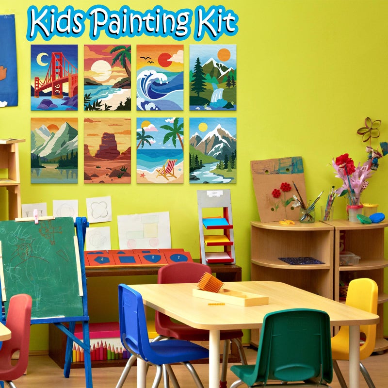 Anseal 84 Pcs Kids Paint Party Set Party Favors 12 Pre Drawn Canvas 12 Brushes 12 Palettes 12 Set Acrylic Paints 12 Apron Canvas Painting Kit for Kids Art Paint Partyï¼ˆLandscape Styleï¼‰ - Image 5